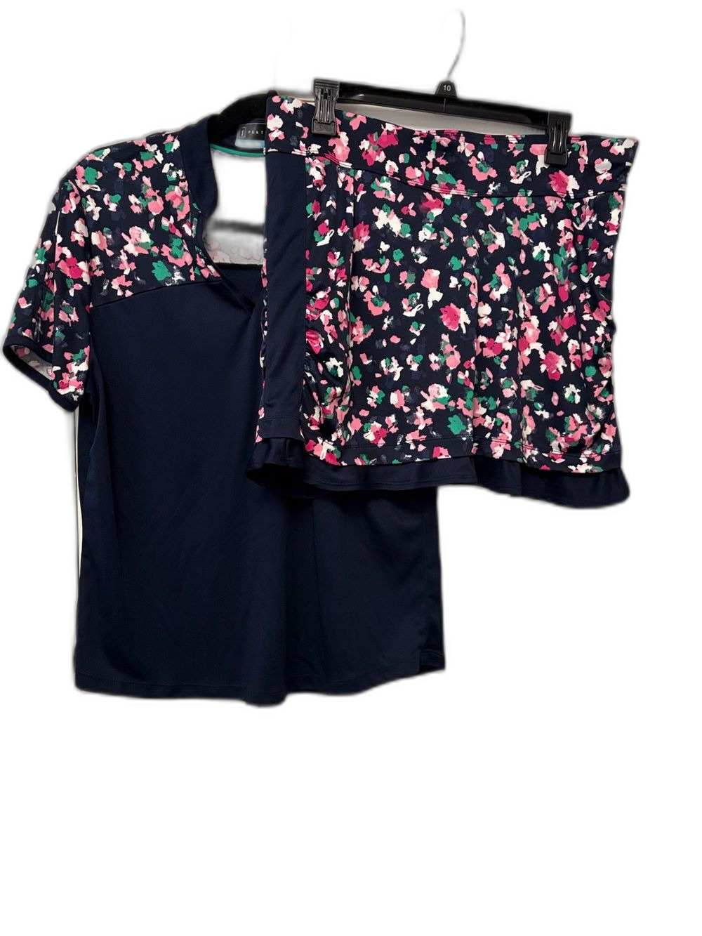 PGA TOUR Women's Golf Polos Shirt Skirt Set Navy Blue Floral Print Matching XL